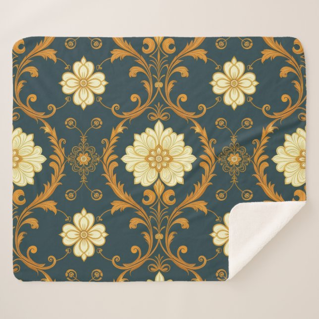 Manta Sherpa "Barockes Ornament-Muster in Gold und Schwarz" Dec (Anverso (horizontal))