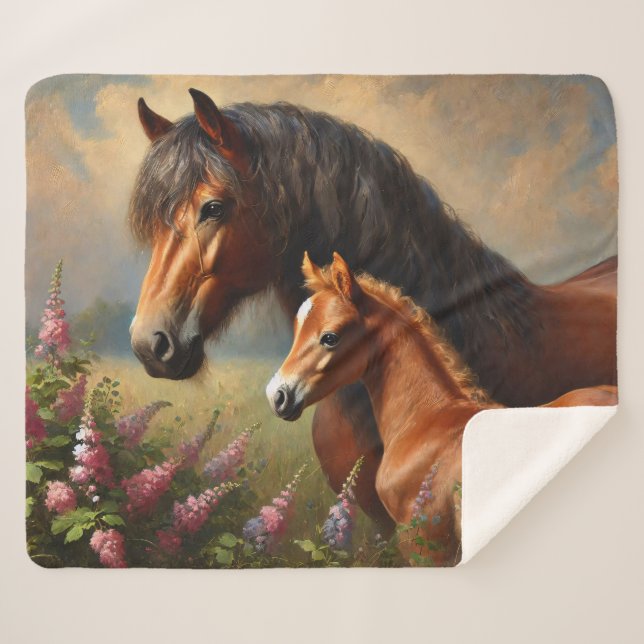 Manta Sherpa Bay Mare con pintura de Foal Wildflowers (Anverso (horizontal))