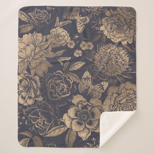 Manta Sherpa Beautiful flowers peonies, roses and butterflies.  (Anverso)