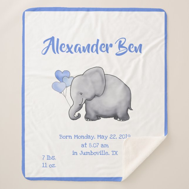 Manta Sherpa Bebé Adorable Blue Birts Stats Nursery Elephant (Anverso)