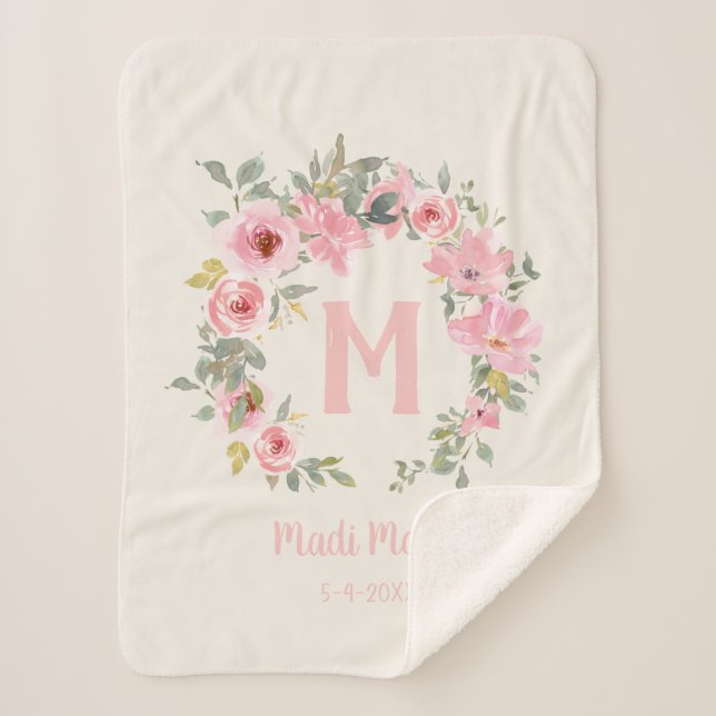Manta Sherpa Bebé Niña Rosa Floral Sage Green Leyes Monograma (Anverso)