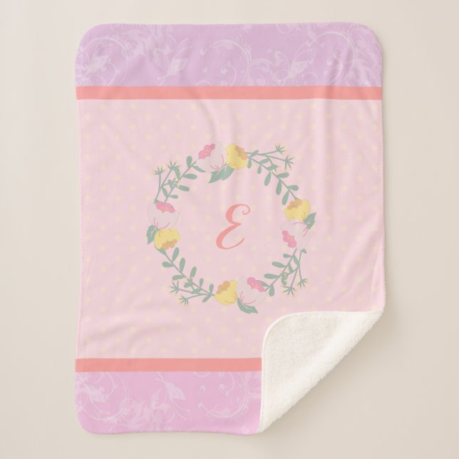 Manta Sherpa Bebé Pastel rosa y lavanda Monograma floral (Anverso)