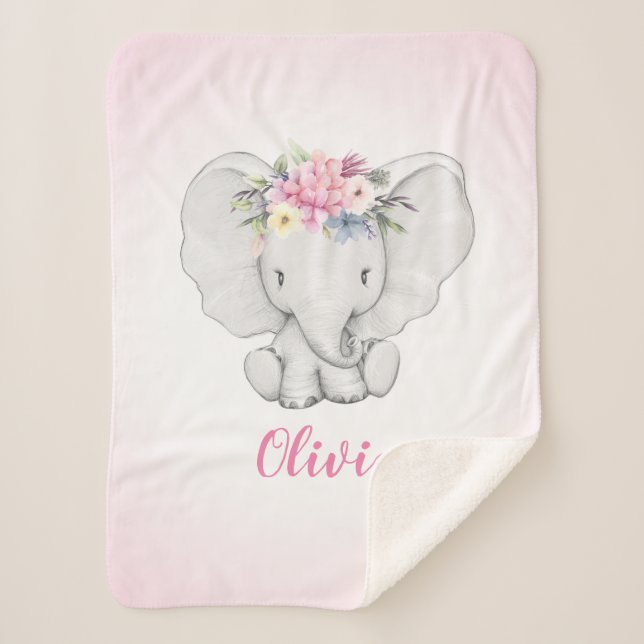 Manta Sherpa Bebé personalizado elefante floral del chica (Anverso)