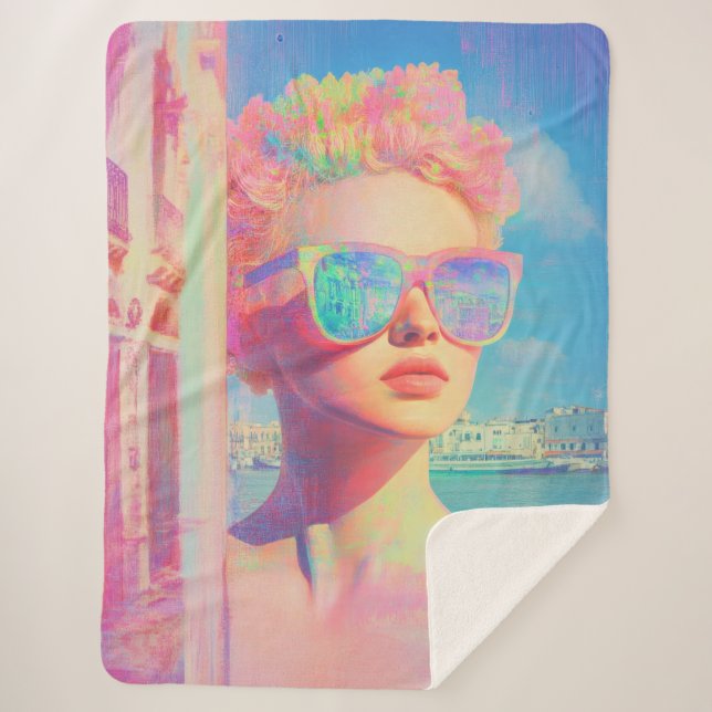 Manta Sherpa Belleza costera neón con gafas de sol (Anverso)