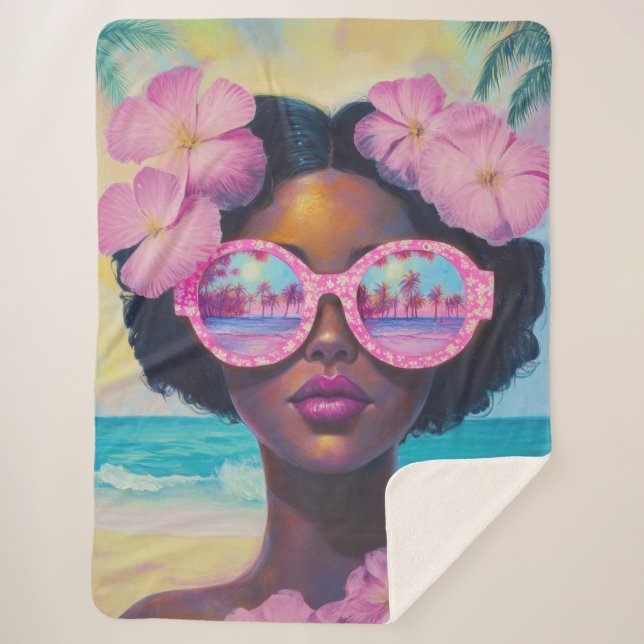 Manta Sherpa Belleza tropical en tonos rosados (Anverso)
