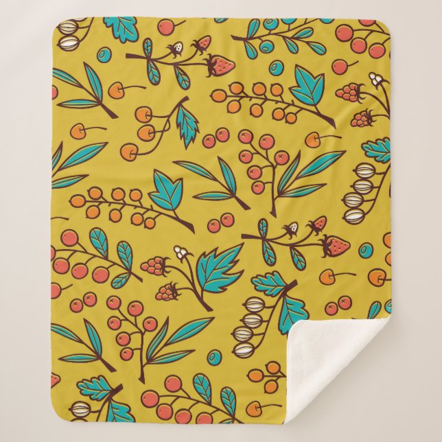 Manta Sherpa Berries en ramas, patrón de naturaleza sin fisuras (Anverso)