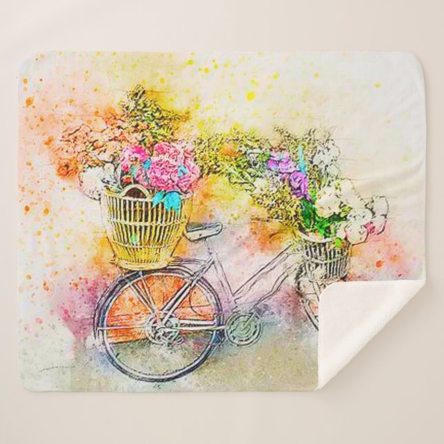 Manta Sherpa Bicicleta y flores  (Anverso (horizontal))