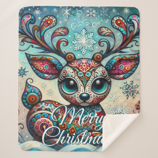 Manta Sherpa Big Eye Christmas Reindeer Folk Art Personalized (Anverso)