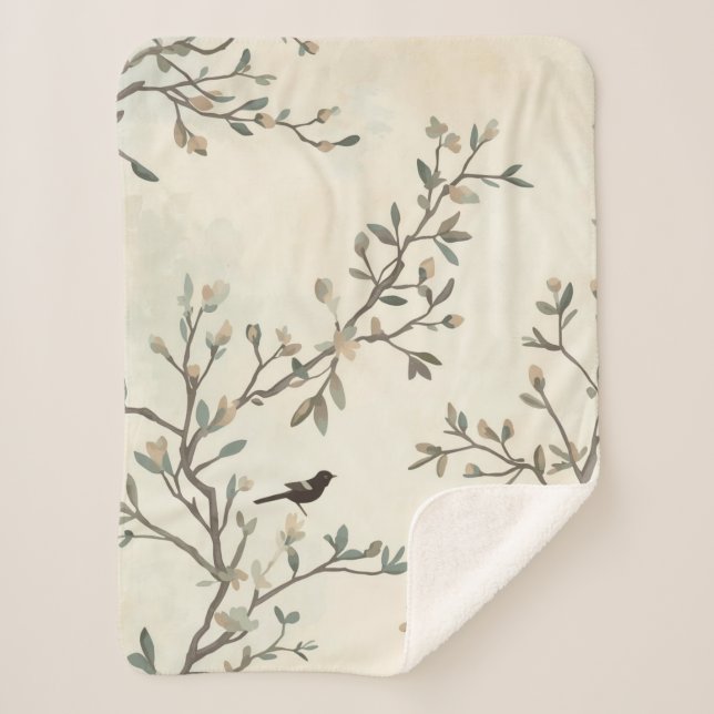 Manta Sherpa Bird Branch Watercolor Beige Nature Painting (Anverso)