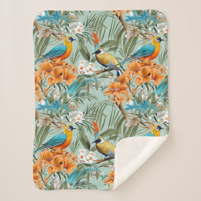 Manta Sherpa Birds Chinoiserie Mint Naranja (Anverso)