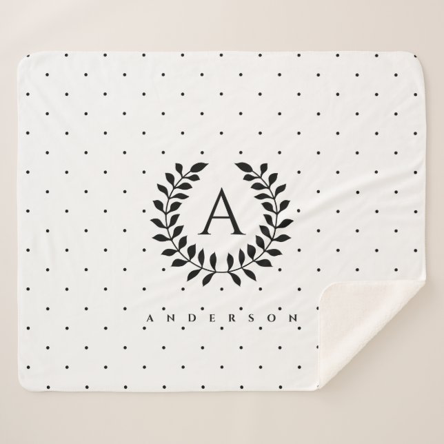 Manta Sherpa Black And White Laurel Monogram Polka Dot Pattern (Anverso (horizontal))