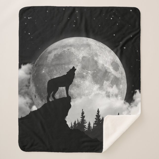 Manta Sherpa Black and white wolf howling at the moon (Anverso)