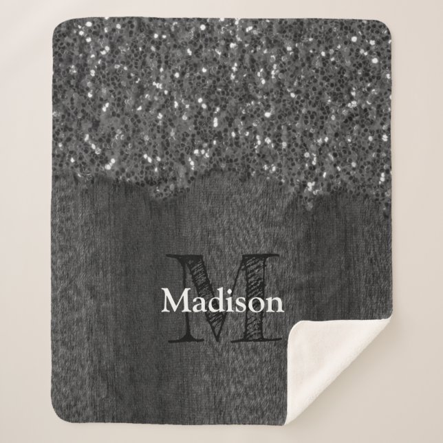 Manta Sherpa Black white faux sparkles rustic wood Monogram (Anverso)