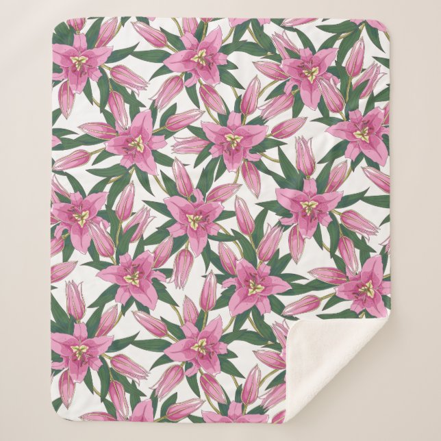 Manta Sherpa Blooming Lilies in Pastel Pink on White (Anverso)