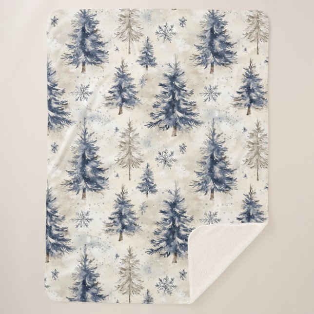 Manta Sherpa Blue Cream Christmas Trees Snowflakes (Anverso)