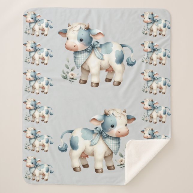 Manta Sherpa Blue Gingham Baby Cow Pastel Farm Aesthetic (Anverso)