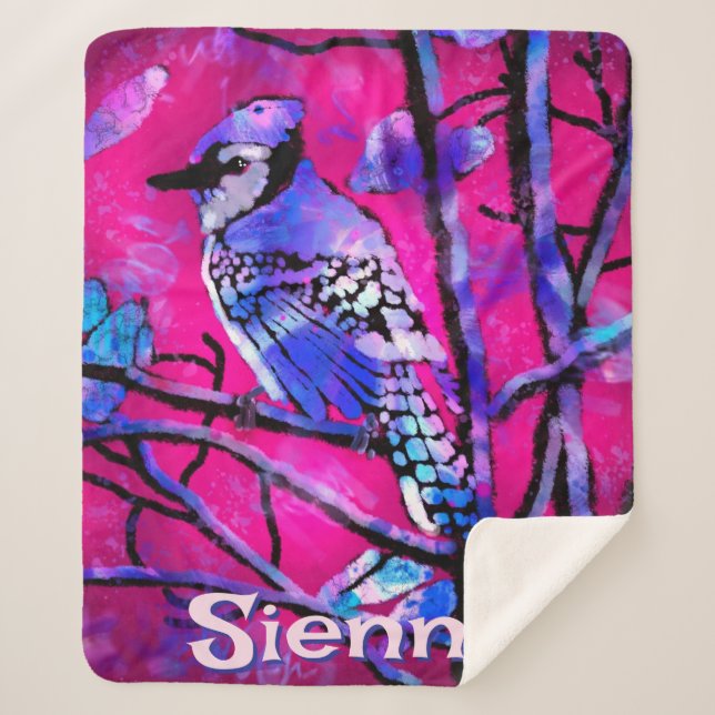 Manta Sherpa Blue Jay Bird Tree Branch Pink Personalized  (Anverso)