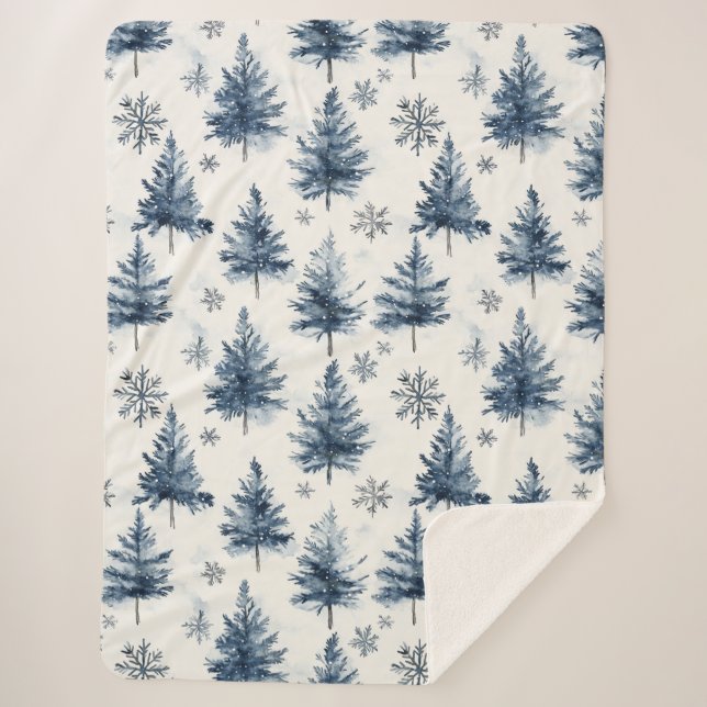 Manta Sherpa Blue White Christmas Trees Snowflakes (Anverso)