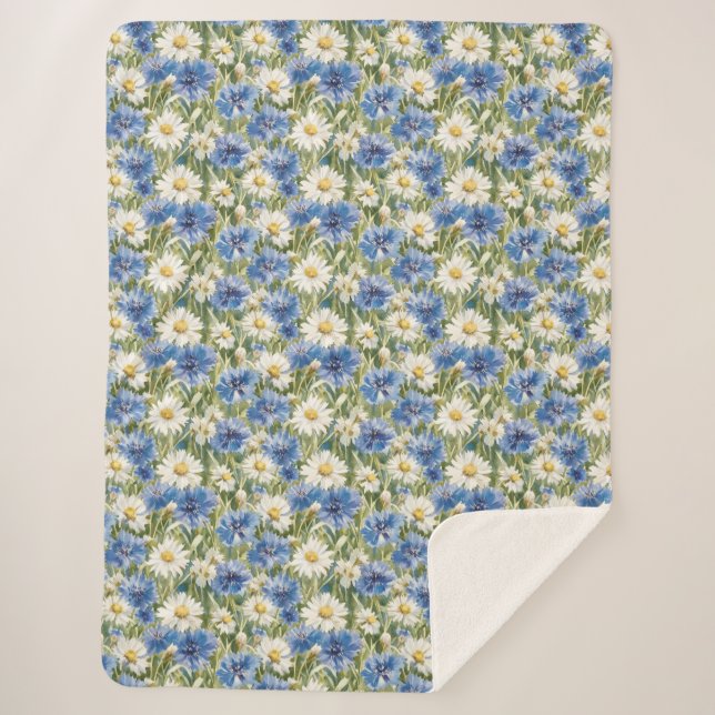 Manta Sherpa Blue White Daisy Flowers (Anverso)