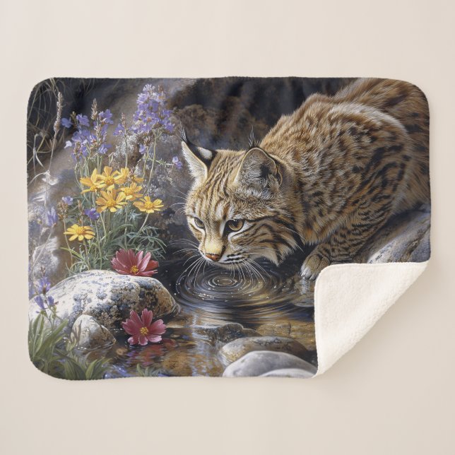 Manta Sherpa Bobcat con flores silvestres Arte escénico (Anverso (horizontal))