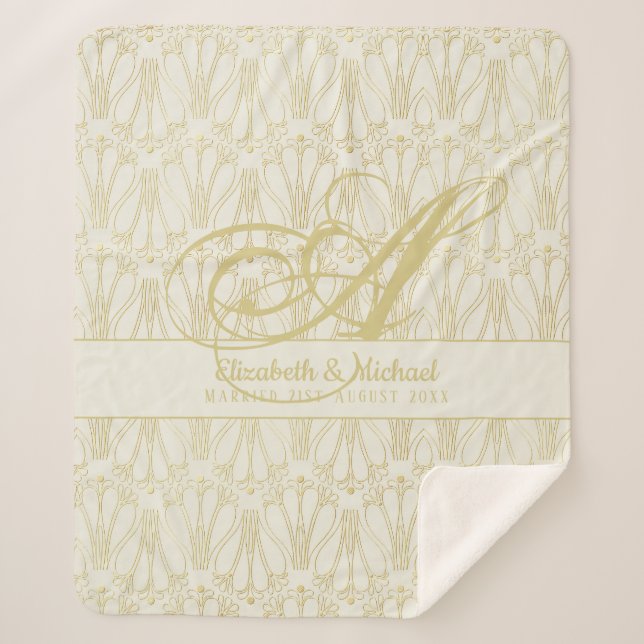 Manta Sherpa Boda Monograma Gold ArtDeco para recién casados (Anverso)