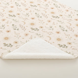 Manta Sherpa Boho Bohemián Floral Soles Lunas Botánico Neutral