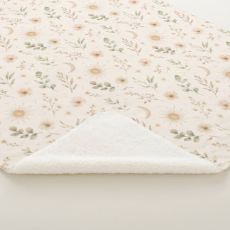 Manta Sherpa Boho Bohemián Floral Soles Lunas Botánico Neutral