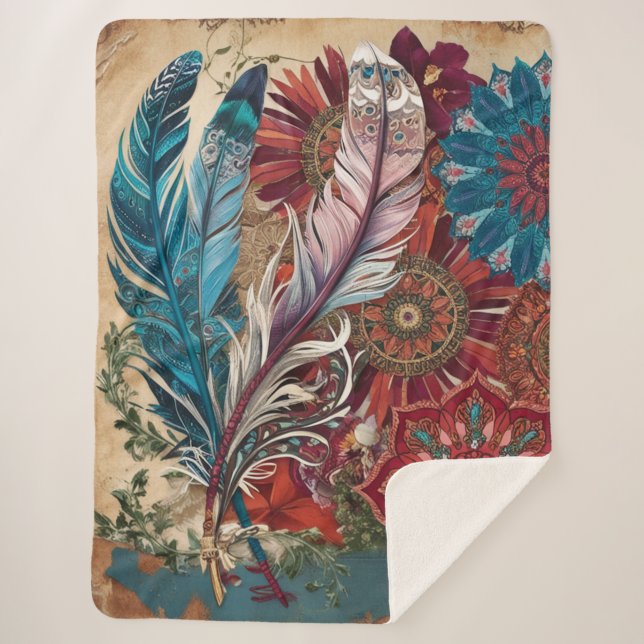 Manta Sherpa Boho Chic Mandala Emplumado Misterioso (Anverso)