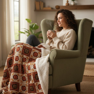 Manta Sherpa Boho Crochet Granny Square Retro Floral