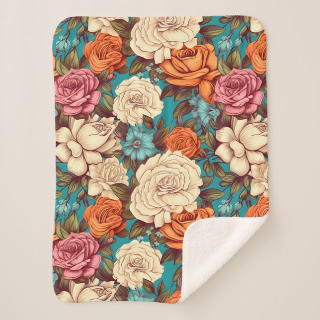 Manta Sherpa Boho Florals de época, botánicos de Crema Turquesa (Anverso)