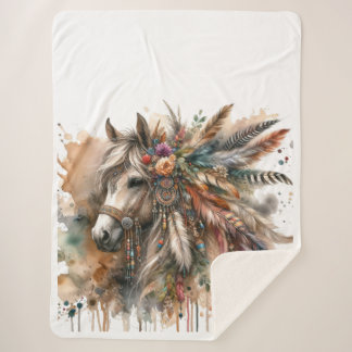 Manta Sherpa Boho Horse with feathers