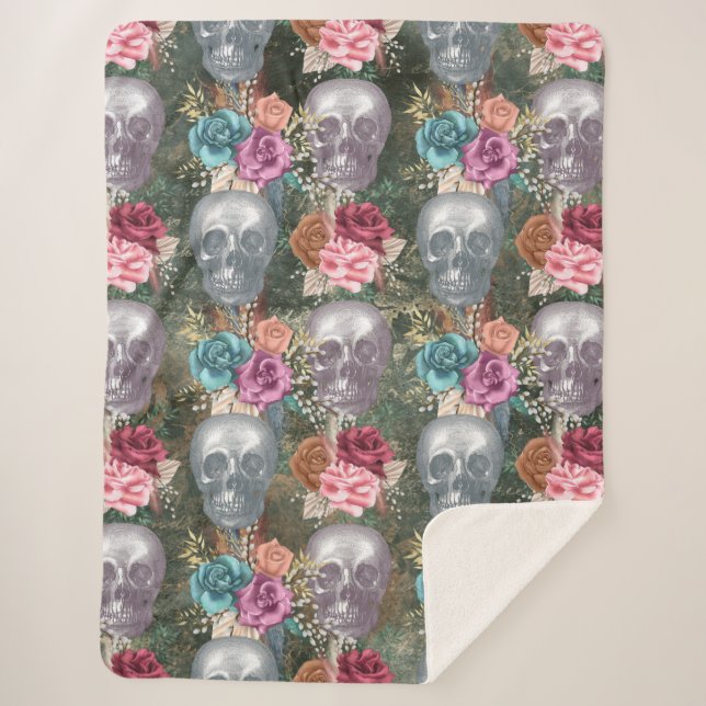 Manta Sherpa Boho Skull con flores (Anverso)