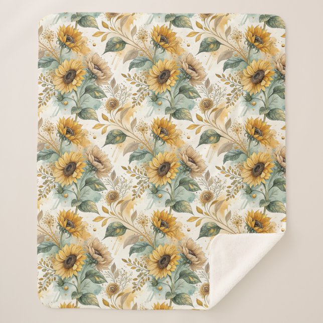 Manta Sherpa Boho Sunflowers Watercolor Gold (Anverso)
