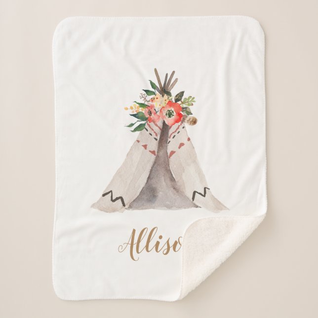 Manta Sherpa Boho Teepee Baby Girl Monogram Sherpa Blanket (Anverso)