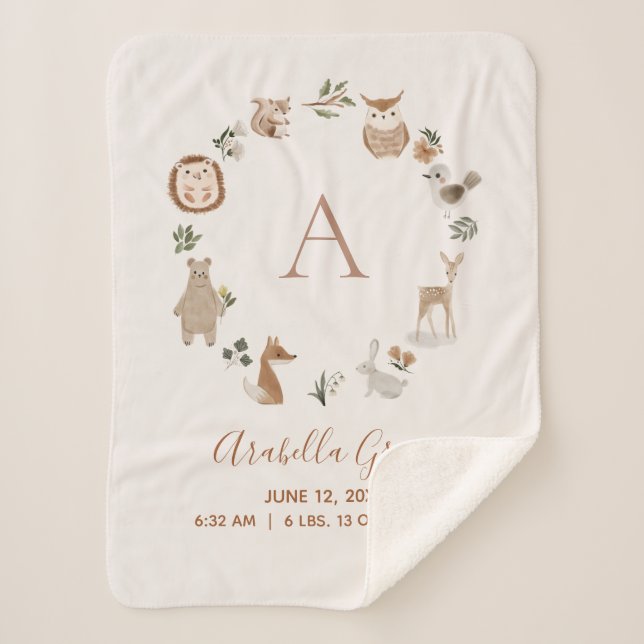 Manta Sherpa Boho Woodland Animales Script Baby Stats (Anverso)