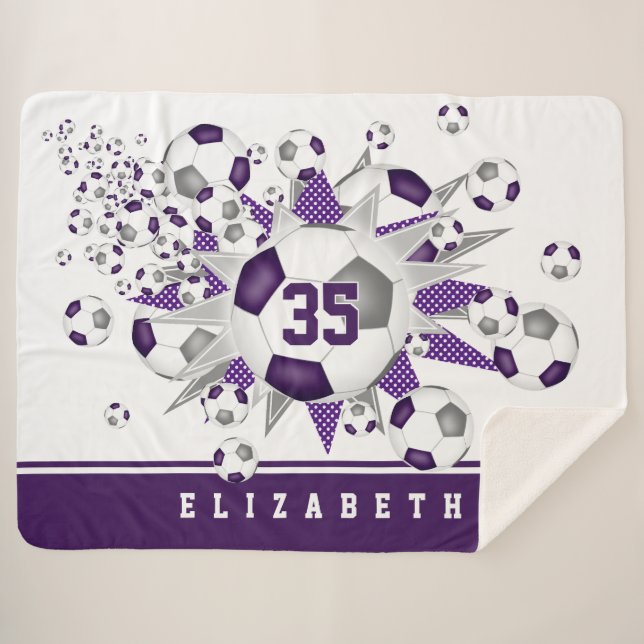 Manta Sherpa bolas de fútbol grises púrpuras estrellas sala de  (Anverso (horizontal))