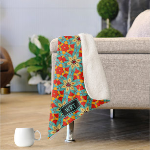 Manta Sherpa Bonitas Baldosas Retro De Flor Turquesa