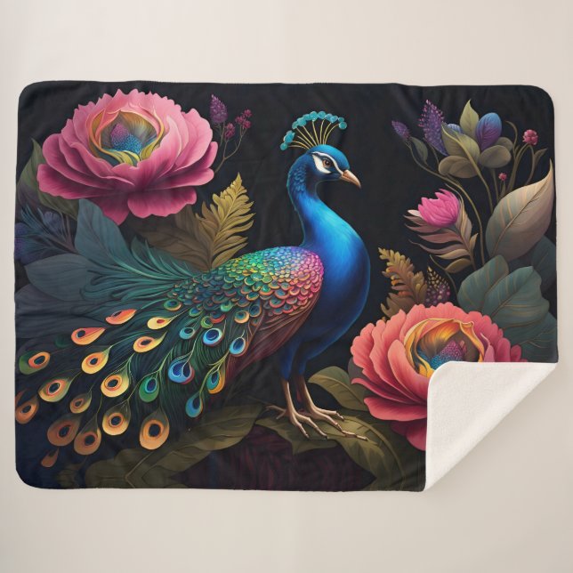 Manta Sherpa Bonito como pavo real en Peonies (Anverso (horizontal))