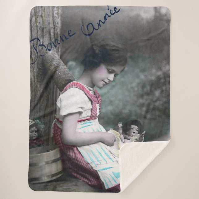 Manta Sherpa Bonne Année Vintage Chica con muñeca (Anverso)