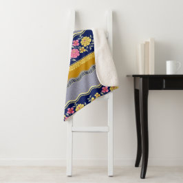Manta Sherpa Borde floral fondo azul patrón zig zag