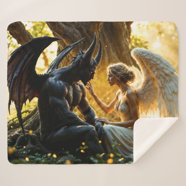 Manta Sherpa Bosque místico del demonio del ángel blanco negro (Anverso (horizontal))