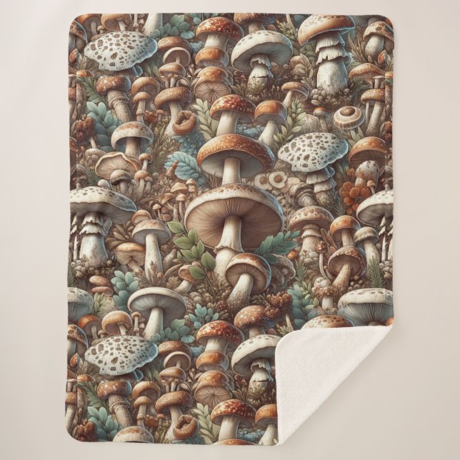 Manta Sherpa Bosque susurrador: Colección de patrones de hongos (Anverso)