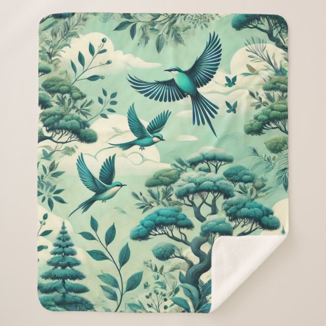 Manta Sherpa Bosque Verde azulado verde y patrón de aves (Anverso)