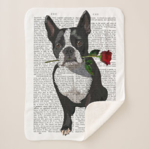 Manta Sherpa Boston Terrier con Rosa en boca