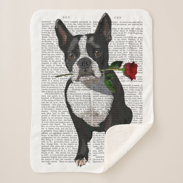 Manta Sherpa Boston Terrier con Rosa en boca (Anverso)