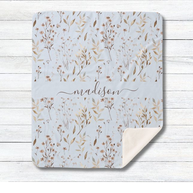 Manta Sherpa Botánica de invierno marrón seco con flores monogr (Close up)