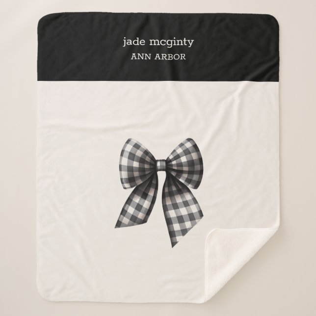 Manta Sherpa Bow verificado de Gingham en blanco y negro (Anverso)