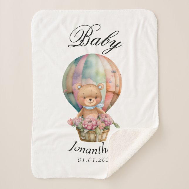 Manta Sherpa Boy Teddy Bear azul Balón de aire caliente Baby Sh (Anverso)