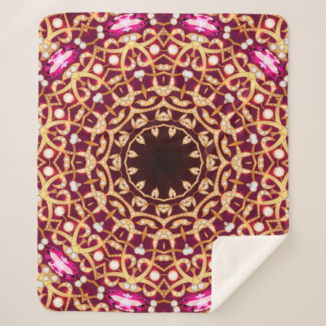 Manta Sherpa Broche Mandala, fondo geométrico vintage. (Anverso)