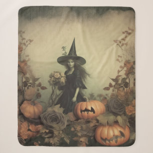 Manta Sherpa Bruja gótica sepia con calabazas y rosas de otoño